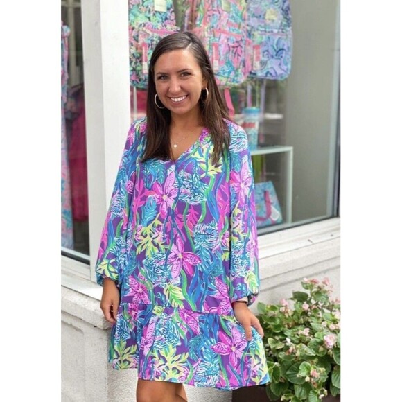 LILLY PULITZER Lucee Dress Pigment Purple Party All The Tide X-Small Blue Multi - Picture 1 of 11